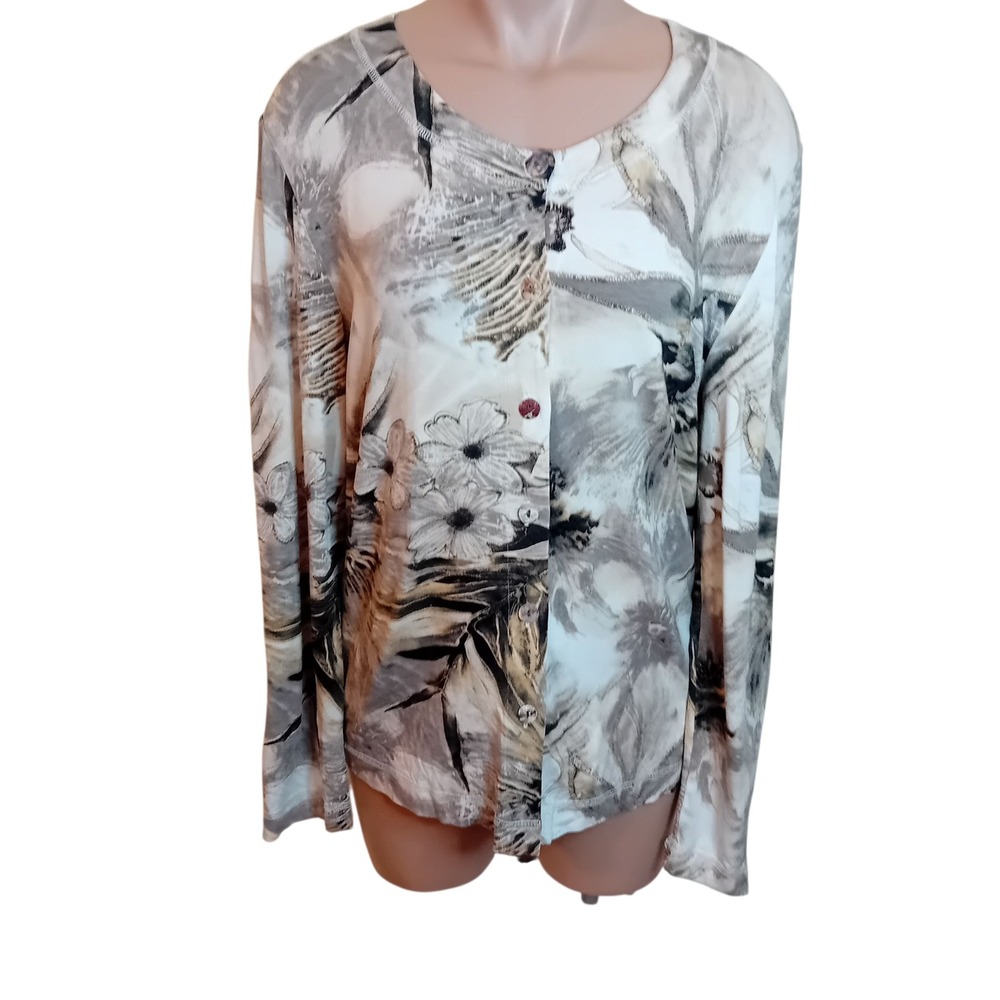 Chico's Floral Nature Print Button Down Long Sleeve Top Lightweight Cardigan 2/L